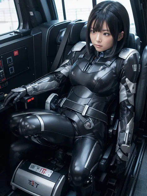 Japanese women,Black Hair,Machine cockpit,Control panel,Secured to the seat with a thick belt,Plump,Slightly thicker,Squat,Robot Suit,Chest Monitor,A room surrounded by machines