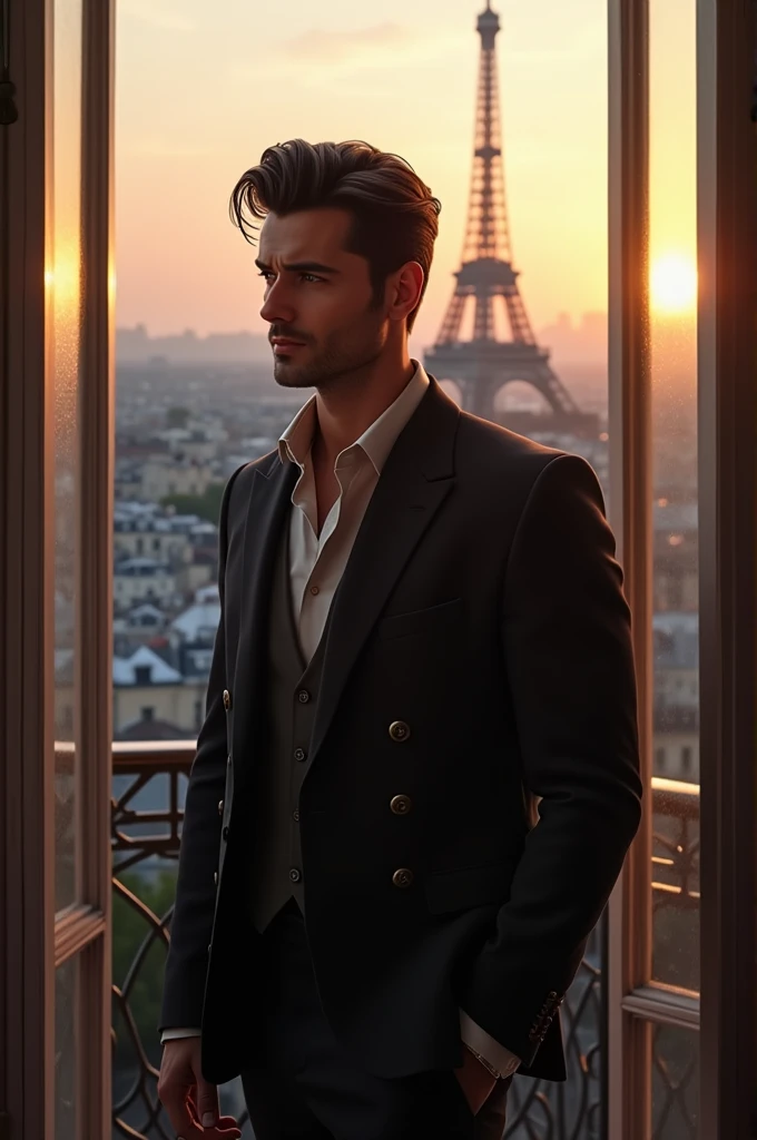 Sexy brunette man finally coming home to his apartment with a view of Paris 