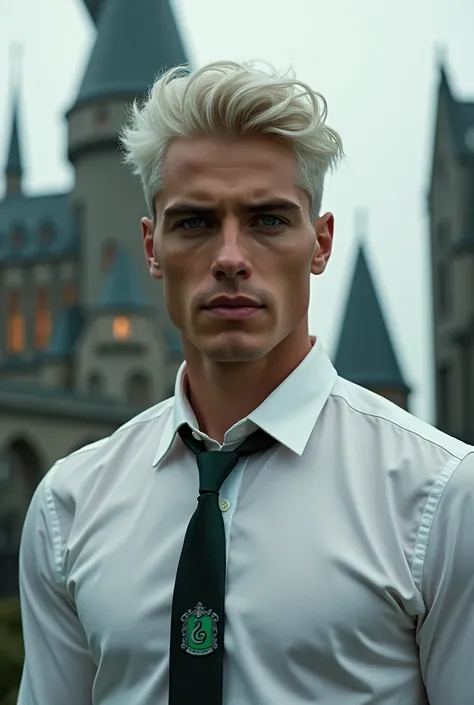 Very handsome 30 years young man, face claim Matt Bomer, white-blonde hair , light blue-grey eyes, dressed in white button up shirt and Slytherin tie, background of Hogwarts castle. Detailed realistic lifelike photograph headshot