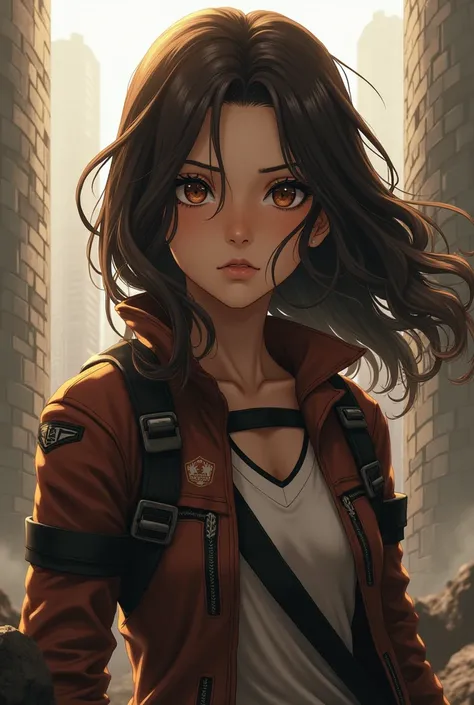 Attack on titan young woman with brown eyes ang long wavy hair