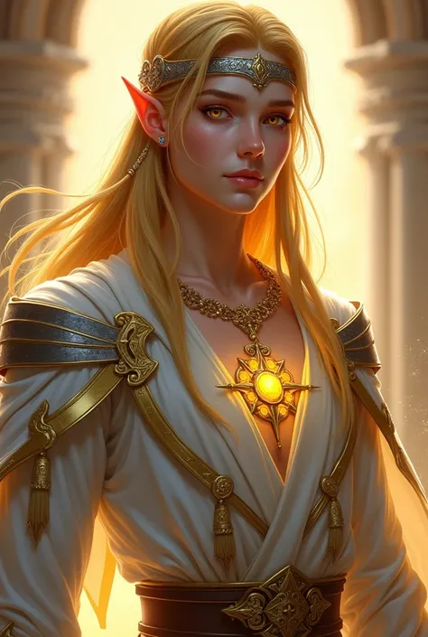 Skin Tone: Pale golden, radiating a soft, ethereal glow that reflects his connection to Auriel.
Hair: Long, golden-blond hair, often tied back, with a few braids symbolizing dedication to the divine.
Eyes: Bright amber, resembling the color of the sun at d...