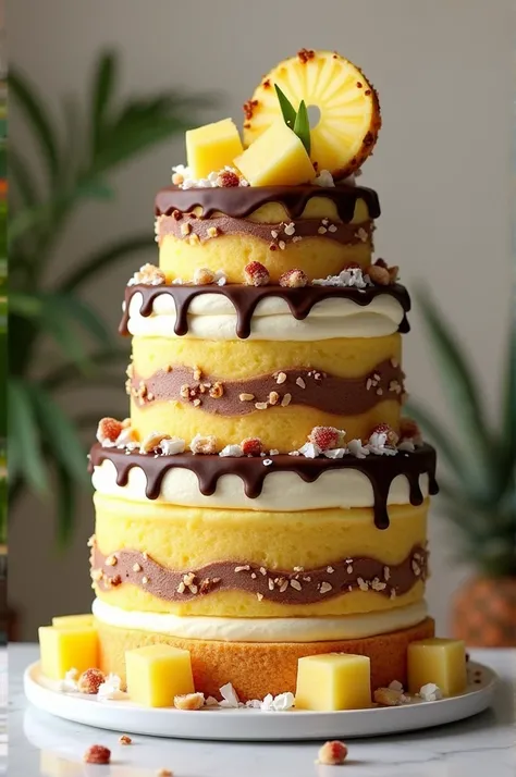 Create an image of a decorated cake Fillings: pineapple with coconut and chocolate ganache