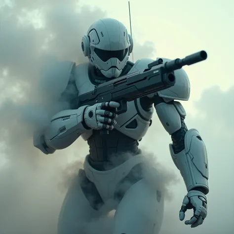 A full protective helmet mask and futuristic high-tech combat mecha made of smoke，Science Fiction Starship Trooper，Tactical equipment，Shooting stance，Art Photography