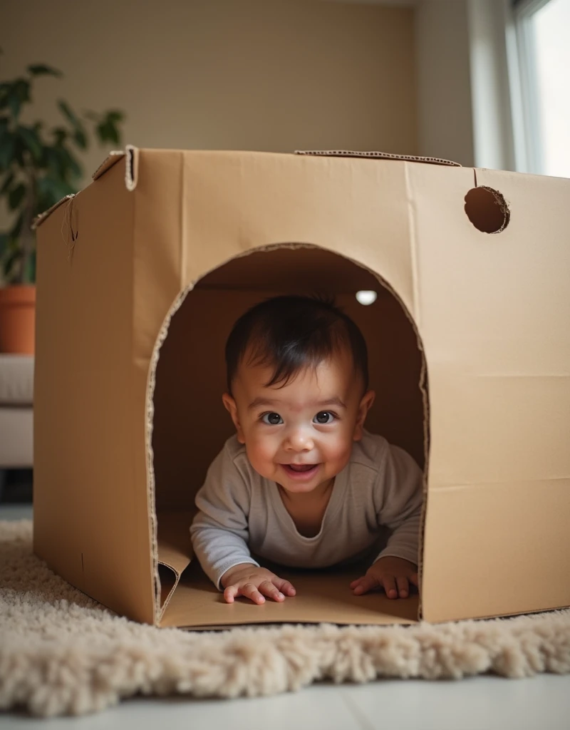 Create UHD photorealistic realistic photo, no animation, no 3D image, no Pixar style animation, no extra fingers. 15-month-old French-Greek boy named Milo, crawling through a homemade cardboard fort. Fujifilm GFX 100S with 32-64mm f/4 lens. Soft, indoor li...