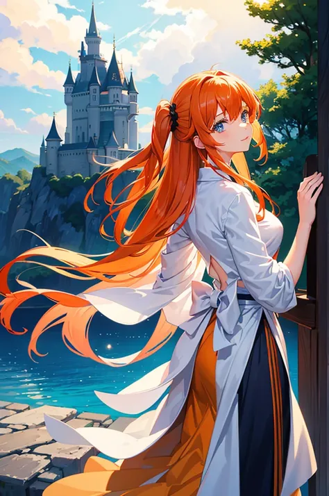 Beautiful girl from behind looking at the castle in the sky、Her hair is orange、Eyes are orange