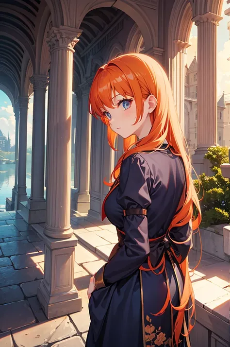 Beautiful girl from behind looking at the castle in the sky、Her hair is orange、Eyes are orange