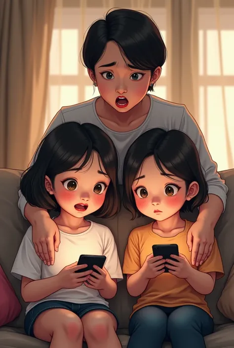 two Indonesian teenage sisters, one chubby, both absorbed in their gadgets, with their short-haired mother nearby looking upset and angry, (best quality,4k,8k,highres,masterpiece:1.2),ultra-detailed,(realistic,photorealistic,photo-realistic:1.37), ultra hu...