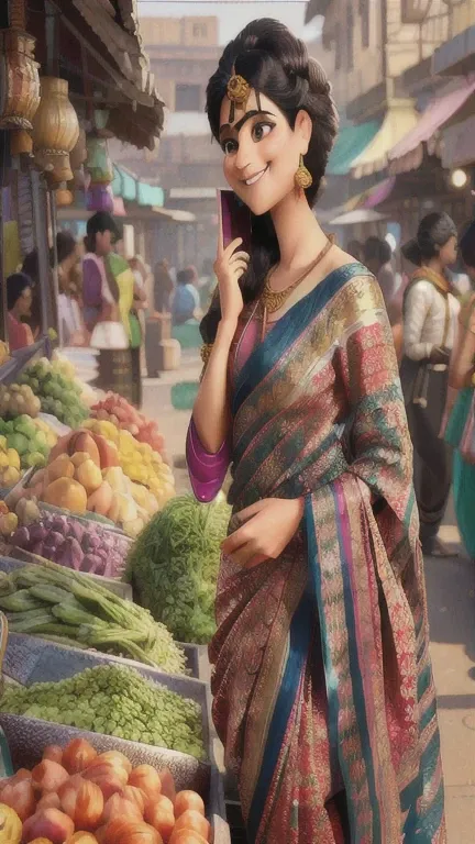 smiling woman in sari talking on a cell phone in a market, dressed in a sari, movie promotional image, wonderful, stunning woman, wearing a sari, stylish pose, movie stills photography, the vibrant echoes of the market, exclusive, stunning visual, promotio...