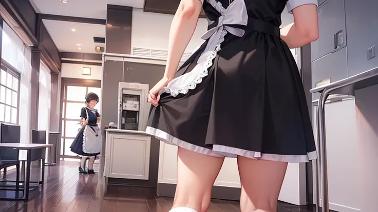 A woman in a maid outfit、Please draw an illustration of a maid welcoming customers at the entrance of a maid cafe.。The woman is bowing with the hem of her apron slightly raised.、It expresses a scene that conveys a warm atmosphere.。In the background、You can...