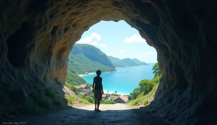 Draw a picture showing a figure standing alone at the entrance to a large tunnel, walking towards the camera with facial details. The end of the tunnel reveals a sweeping view of a ancient village of Ternate, North Maluku, Indonesia with ocean and Ternate ...