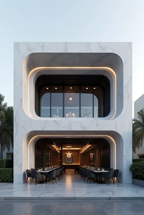 
double skin facade architecture design in iran , facade of restaurant  , 7.5 meter width, 22 meter height, front view, one sided  , high quality rendering architecture,, in iran , cinematic , luxury architecture facade view , white and black material