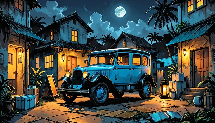 milk delivery car, milk crate, tropics, building, night, lantern light,graphic style of novel comics, 2d, 8k, hyperrealism, masterpiece, high resolution, best quality, ultra-detailed, super realistic, Hyperrealistic art, high-quality, ultra high res, highe...