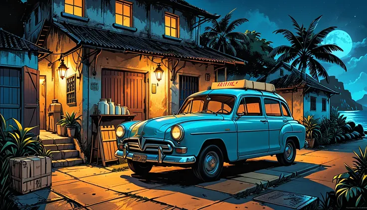 milk delivery car, milk crate, tropics, building, night, lantern light,graphic style of novel comics, 2d, 8k, hyperrealism, masterpiece, high resolution, best quality, ultra-detailed, super realistic, Hyperrealistic art, high-quality, ultra high res, highe...