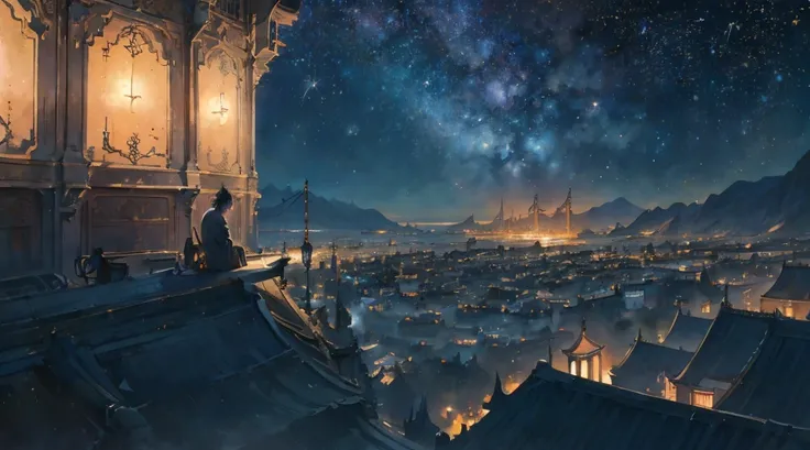 Highest quality, masterpiece, Very detailed, Detailed Background, anime, short, sf, sf, Outdoor, night, Starry Sky,  giant structure,  Wind景, scenery, horizon, rooftop, Wind, Atmospheric lighting, Focus Only, close, From the side, Written boundary depth, 