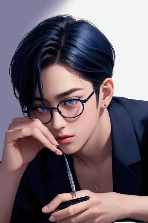 man，Anime Face，Realism，Dark blue short hair，Wearing a necklace，Wearing glasses，Long eyelashes，blue eyes，Office Background，这个man穿着一件宽松上衣，Sitting at a desk，A pen in his hand，Close-up。high resolution，high quality，Masterpiece。