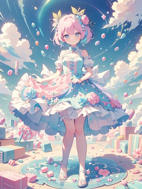 (masterpiece,ultra-detailed,best quality,8K,illustration,shaved:1.2),(petite girl:1.0) candymagic, candy girl, candy lain,candy flower, (candy object:1.3),(pastel color:1.2),candy dress,frills,frill skirt,sky