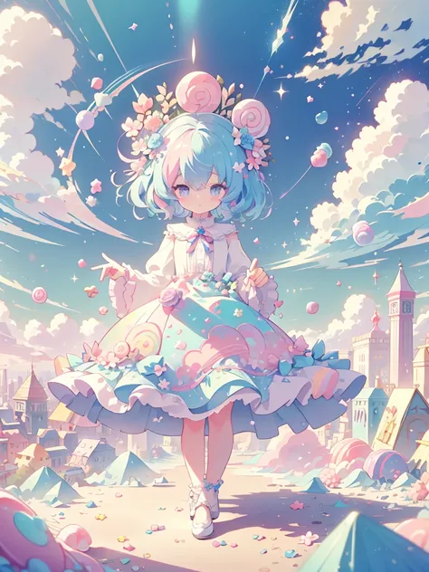 (masterpiece,ultra-detailed,best quality,8K,illustration,shaved:1.2),(petite girl:1.0) candymagic, candy girl, candy lain,candy flower, (candy object:1.3),(pastel color:1.2),candy dress,frills,frill skirt,sky