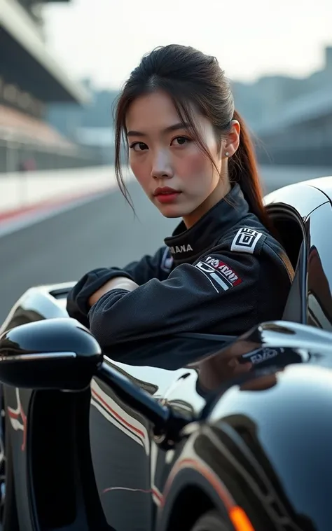 Ultra-high resolution，High-resolution details，Photo real, , (1 Korean female athlete，Super beautiful，Super white face),Black supercar，Professional racing suits（Half-length photo）View from the open main cab window，Professional track，Cool pose