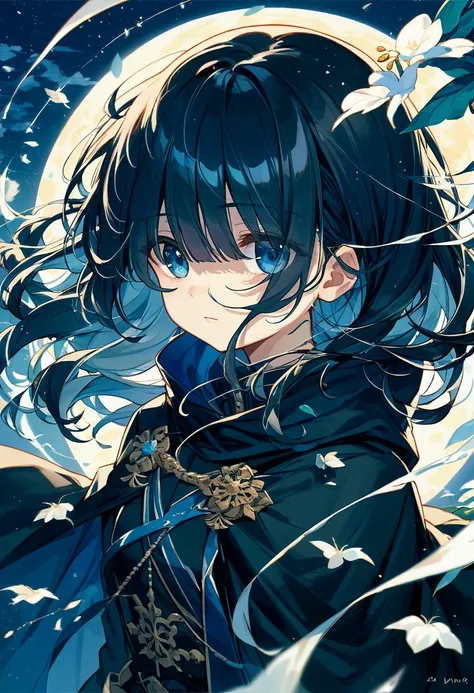 eyes visible through hair / bangs,(hair over one eyes),Long Black Hair、((Beautiful Blue Eyes)),Cute Girls、Wearing a black cloak、(Hair fluttering in the wind in the night sky),Masterpiece