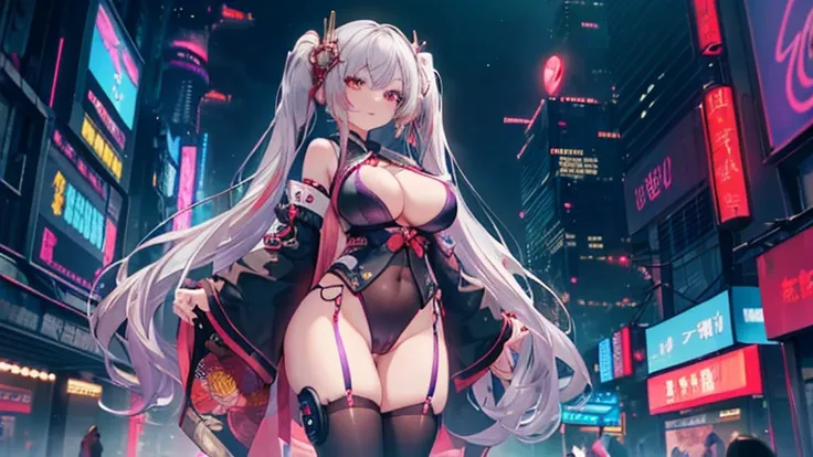 ((1girl)), (very wide shot:1.3),(masterpiece, best quality), High resolution, Very detailed,4K,8k, ((Anatomically correct number of limbs),(Anatomically correct number of fingers)), ((seductive smile) ,(silver hair,Long twin tails,shiny hair:1.3), ((oiran)...