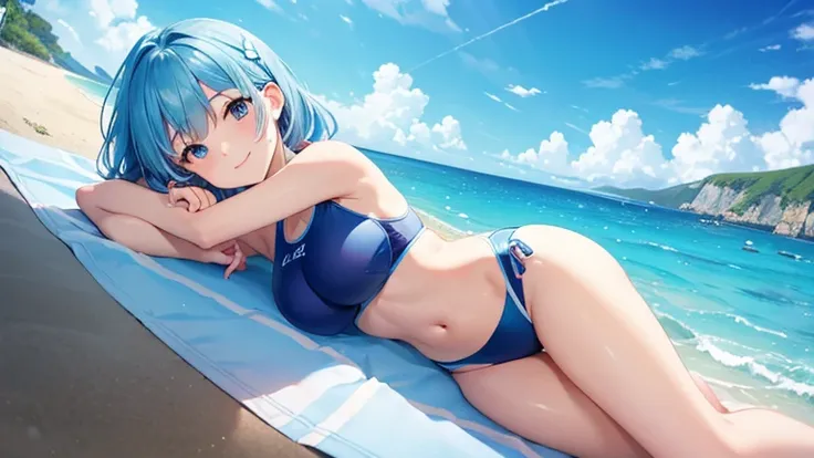 Blue sea and sky in the background、Please draw a scene of a woman wearing a two-piece swimsuit relaxing on a swim ring.。She smiles、Enjoying the summer sunshine while being rocked by the waves。In the background、Sandy beaches and seaside scenery。