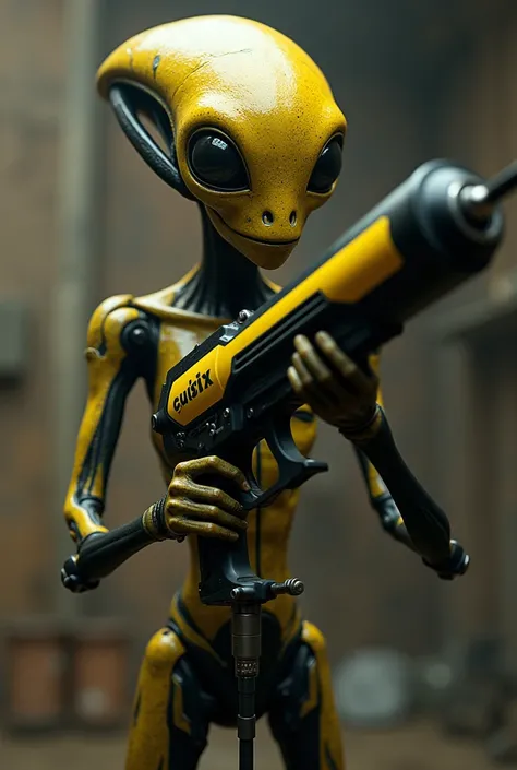 An ET with an automotive paint gun,  in black and yellow colors 
