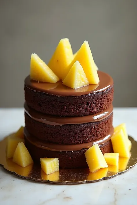 Create image of a cake. Naked 3 layers of chocolate ganache and pineapple pieces on the base of the boño coñocar pineapple slices cut in half around the cake