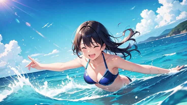 A woman wearing a separate swimsuit、Please draw an illustration of someone playing in the ocean while holding on to a swim ring.。The woman is laughing cheerfully、Having fun in the crystal clear water。In the background、It depicts the blue sea and a slightly...