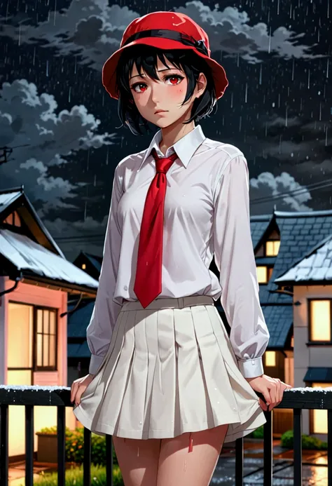 anime girl, short black hair without bangs, black eyes, wearing a white shirt, red tie, white knee-length skirt, wool hat red, blush, a bit sad, it was raining at night, looking at the houses with low lights on