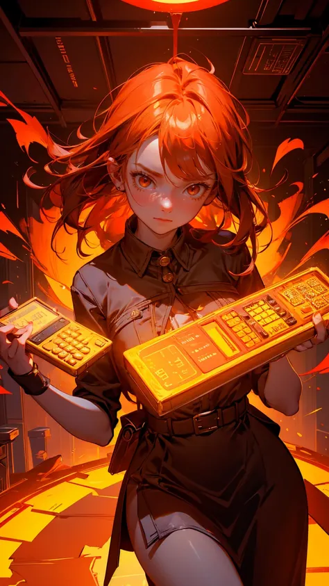 A beautiful, cute girl with a surprised expression, holding her head with both hands in a panic, standing in a room filled with stacks of golden coins and a digital calculator on a wooden table. The background is filled with bright red and orange flames ri...