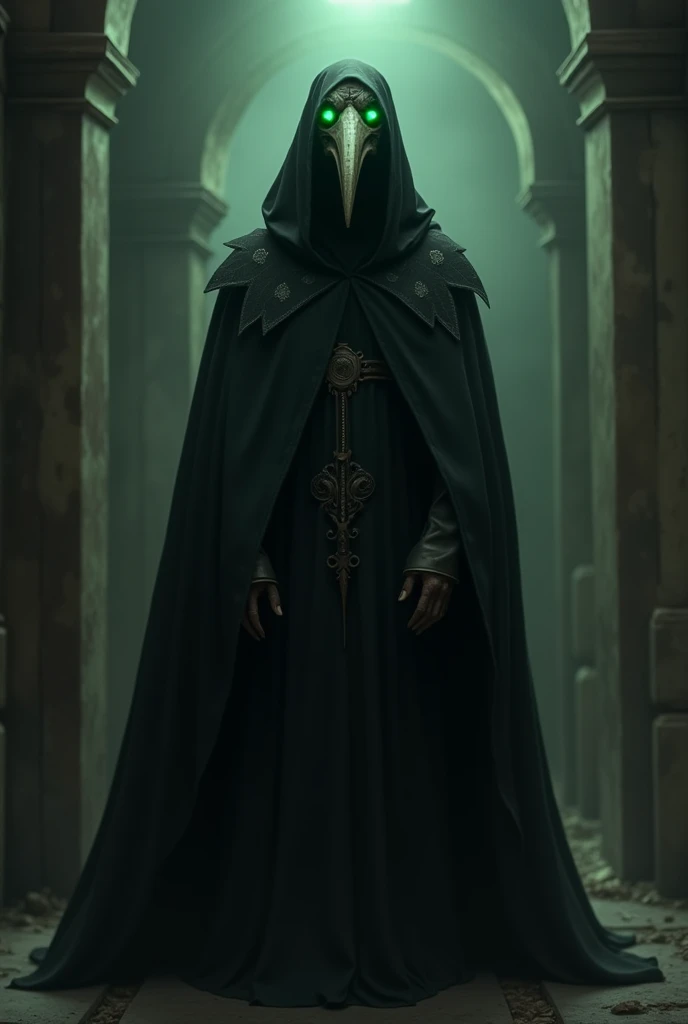 Plague doctor with black mask and glowing green eyes