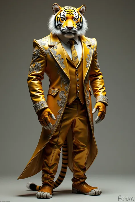 a tiger man wearing suit .color used gold and silever