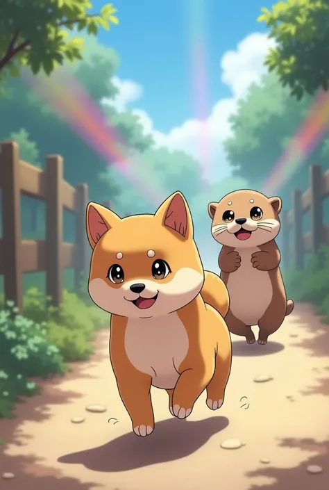 Masterpiece、Anime Style、Round-shaped Shiba Inu、A child Shiba Inu is chasing、The otter, which looked like a stuffed animal, was so surprised by the speed that its eyes popped out of its sockets、In the background, a cute otter is shooting beams from its mout...