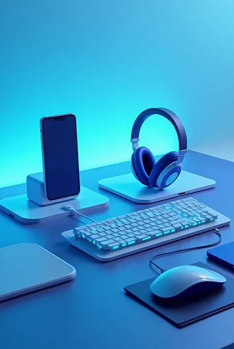 phone accessories, chargers, headphones, cell phone cases, keyboard, mouse, speakers, cables, bluish background color and that had a technological theme and was not so realistic.