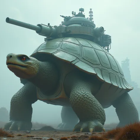 Giant dragon-like turtle,  3D Rendering, Ultra-fine detail, high quality, High resolution, 最high quality，A huge military facility built on a turtle shell,huge main gun,Countless anti-aircraft guns and secondary guns on the shell，Firing from main and second...