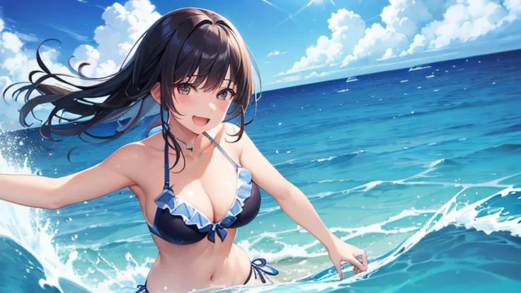 A woman wearing a separate swimsuit、Please draw an illustration of someone playing in the ocean while holding on to a swim ring.。The woman is laughing cheerfully、Having fun in the crystal clear water。In the background、It depicts the blue sea and a slightly...