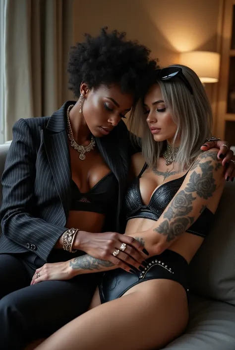 Two russian old milf women: the dominant aggressive dark skinned black woman in business pinstripe suit (jacket and trousers), long nails and afro hair, sitting on an expensive Scandinavian style sofa with possessive stance (arms around her girlfriends sho...