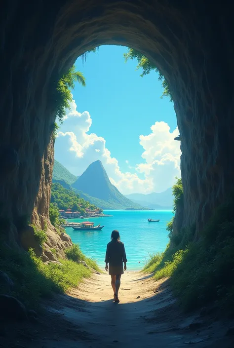 Create an image showing a figure walking alone from the entrance of a large tunnel, walking towards the camera with detailed facial features. The end of the tunnel shows a view of the ancient village of Ternate, North Maluku, Indonesia with the ocean and M...