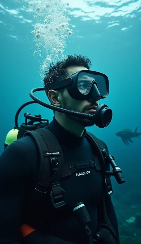 man diver, looking straight ahead, wearing a diving mask in the ocean, face completely covered.