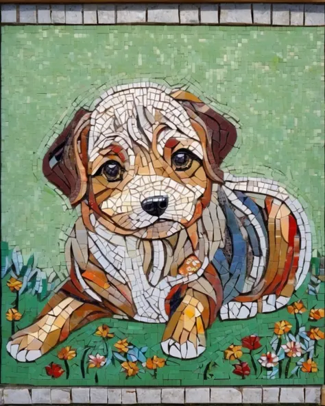 Masterpiece,best composition,highest quality,mosaic art,cute dog,on the lawn.