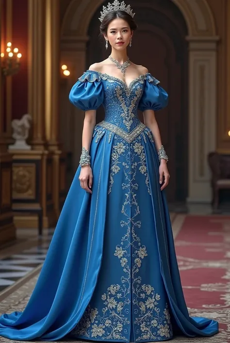 Imperial princess dress, defined waist, straight cut and puffed sleeves blue details with stones and embroidery