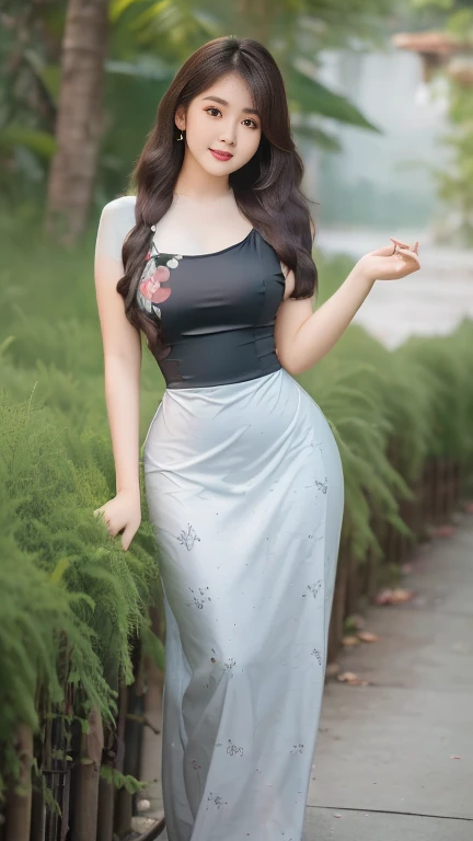 Myanmar girl with attractive curvy full body.  Friends full-length bikini, (🖤 black+💚 dress) full body reflective long dress painted with flower patterns, only dress.  hi gh hips  High resolution  High resolution  natural background  High resolution  HD  3...