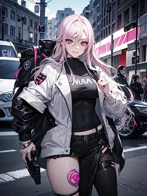 pink eyes, grey and black ombre hair. sadistic women, long wavy hair. strong woman.  dominant woman. mafia. mature woman. girl boss. background in town. she a spy. sadistic smile. punk girl. wear motor jacket. gangster