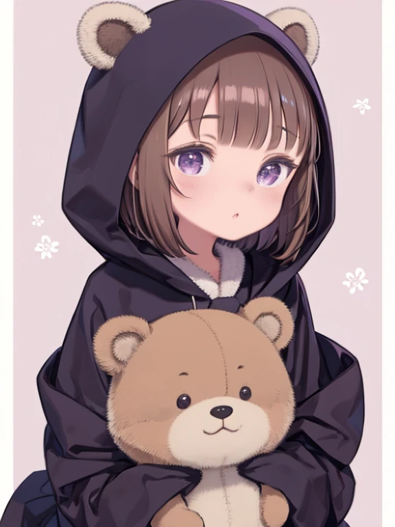 bangs bangs、bangs、ぱっちりとしたbangs、Long brown hair、Wearing a dark brown bear hood、茶髪ロングのChibi Character、Wearing a dark brown bear ear hooded blanket、Purple eyes、Purple betta background、Chibi Character、Holding a teddy bear、Bear face hood,美しいPurple eyes、