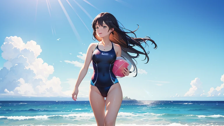 A woman wearing a separate swimsuit、Draw a scene of a person walking towards the sea on a beach with a swim ring。The excited expressions before entering the sea、The sparkling surface of the sea represents the joy of summer.。In the background、The horizon an...