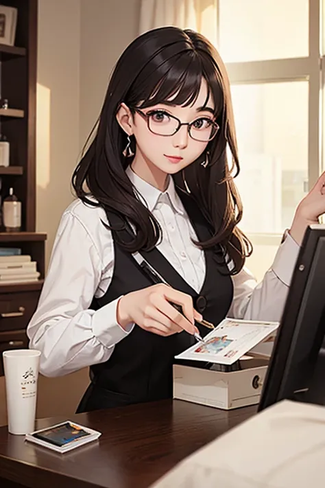 highest quality、masterpiece、high sensitivity、high resolution、detailed description、slender women、glasses、beautician、cut and perm、