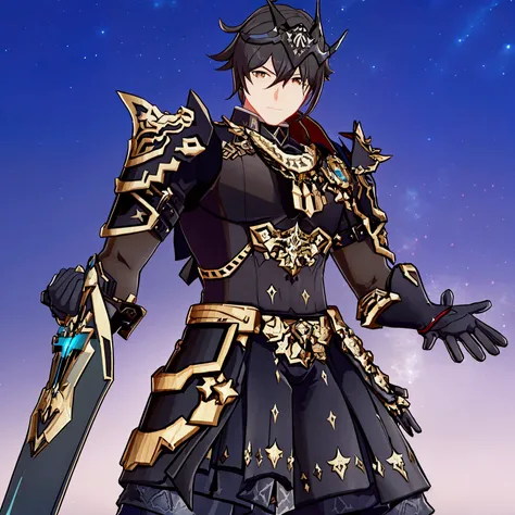 masterpiece, best quality, 3d, 1boy, solo, mature male, armor, crossed arms, sky, Capitano from Genshin Impact black-golden armor, black helmet, very big sword