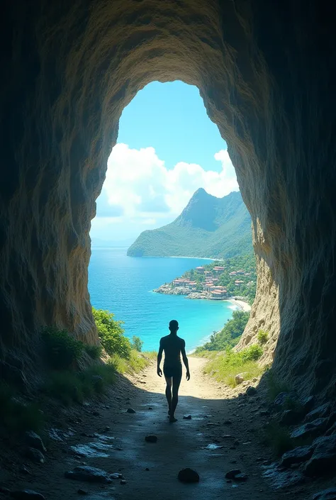 Make a picture showing a figure walking alone from the entrance of a large tunnel, walking towards the inside of the tunnel with facial details. The end of the tunnel shows a view of the ancient village of Ternate, North Maluku, Indonesia with the ocean an...