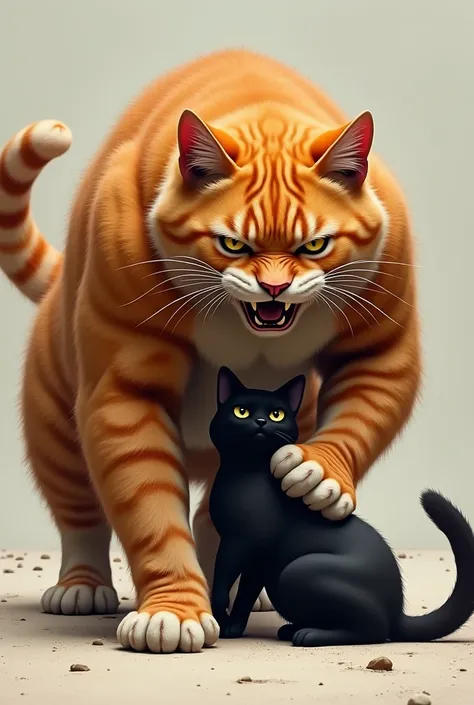 The muscular orange cat, defeat the black cat, the black cat down 