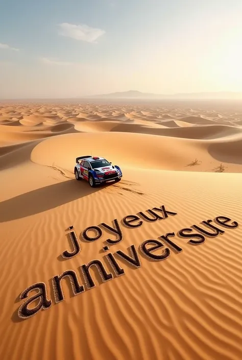 "Joyeux anniversaire " écrit sur une dune de sable dans le désert par une voiture de rallye WRC
 